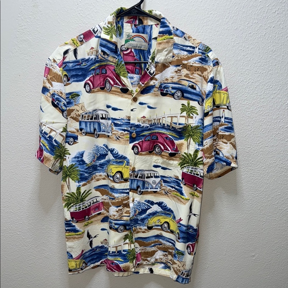 Blue and Pink Casual Button Down Shirt with Classic Car Print